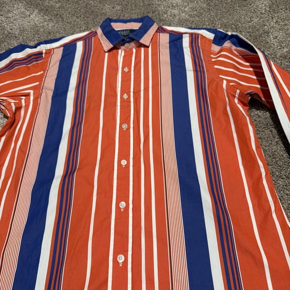 POLO By Ralph Lauren mens Medium Orange Blue Stripe Long Sleeve Button Up Shirt - Picture 3 of 8